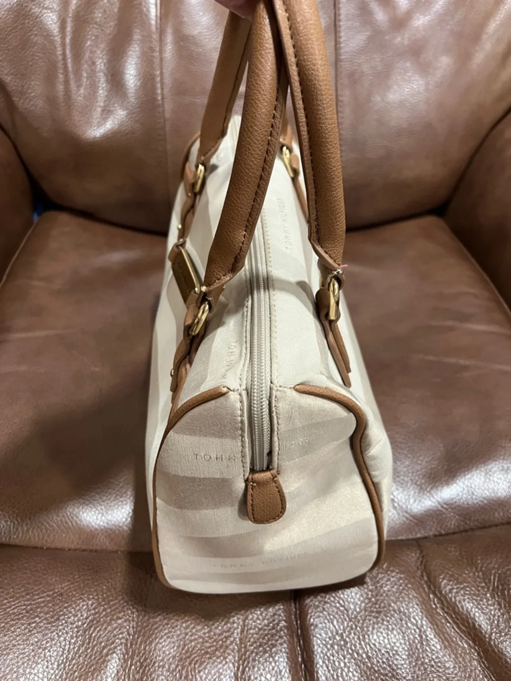 Tommy Hilfiger Beige and Brown Canvas Duffel Satchel